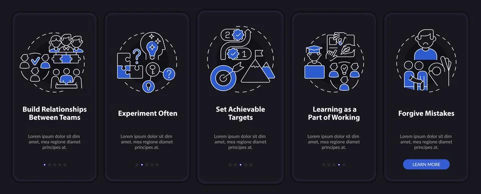 Worker commitment ideas night mode onboarding mobile app screen Stock Illustration