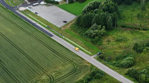 Worker Commuting to Peat Harvest Site Near Kaigu Bog, Latvia, Aerial View Stock Footage 341521878