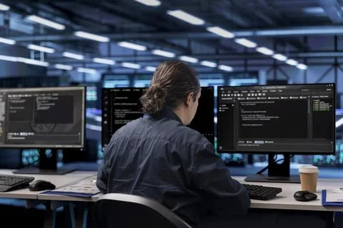 Worker at computer desk safeguarding data center against unauthorized access Stock Photos