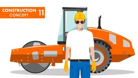 Worker concept. Detailed illustration of workman and compactor in flat style Stock-Illustration