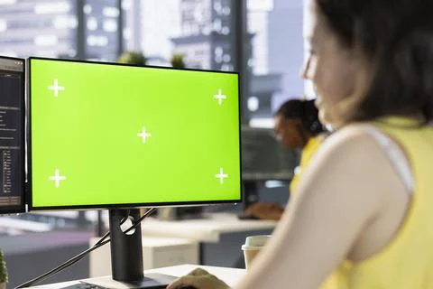 Worker conducting code review on green screen computer to fix bug Stock Photos