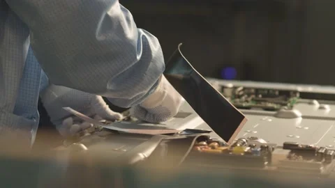 Worker connects electronic circuit boards with cables at a TV factory Stock Footage 162364465