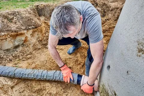 Worker connects perforated drain pipe to septic tank through which wastewat.. Stock Photos