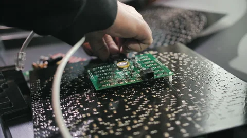 A worker connects a traffic light chip at a factory. Close-up. LEDs, energy Stock Footage 137649373