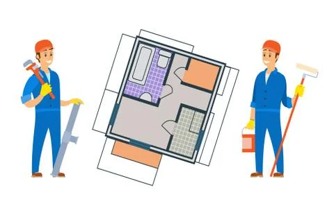 Worker Constructing New House, Floor Planning Illustrazione stock