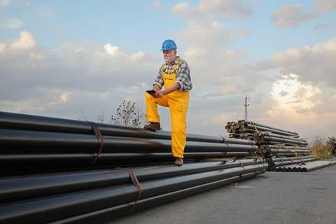 Worker at construction site with heap of pipes Stock Photos