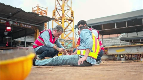 A worker on a construction site was injured when a piece of iron fell on leg Video stock 291943053