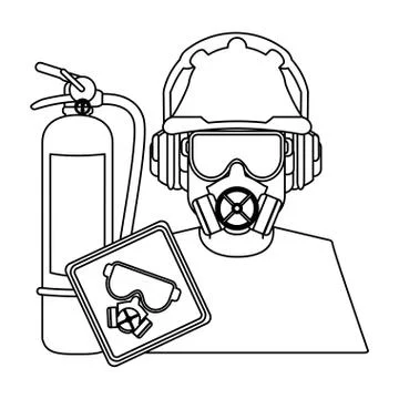 Worker with construction tools black and white Stock Illustration