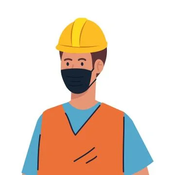 Worker construction using face mask during covid 19 on white background Illustrazione stock