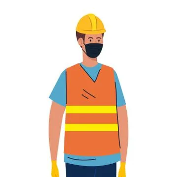 Worker construction using face mask during covid 19 on white background Illustrazione stock