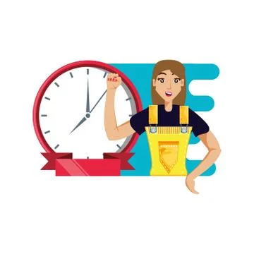 Worker construction woman with clock time Ilustración de archivo