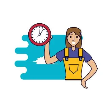 Worker construction woman with clock time Ilustración de archivo