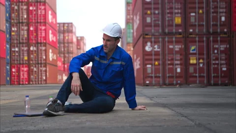 A worker in a container warehouse fainted while working Stock Footage 308814575