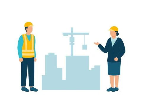 Worker contractor, builder communicate with build industry architect woman in Ilustración de archivo