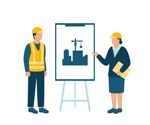 Worker contractor, builder communicate with build industry architect woman in Illustrazione stock