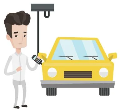 Worker controlling automated assembly line for car Stock Illustration