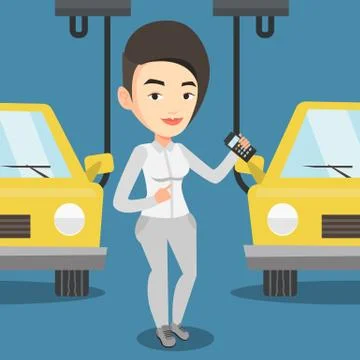 Worker controlling automated assembly line for car Stock Illustration