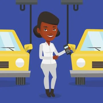 Worker controlling automated assembly line for car Stock Illustration