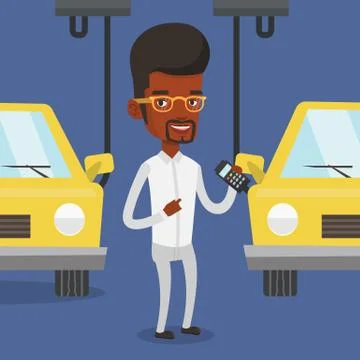 Worker controlling automated assembly line for car Stock Illustration