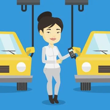Worker controlling automated assembly line for car Stock Illustration