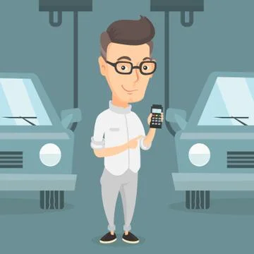 Worker controlling automated assembly line for car Stock Illustration