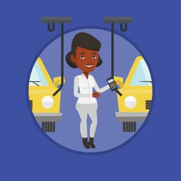 Worker controlling automated assembly line for car Stock Illustration