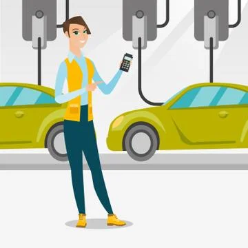 Worker controlling automated assembly line for car Stock Illustration
