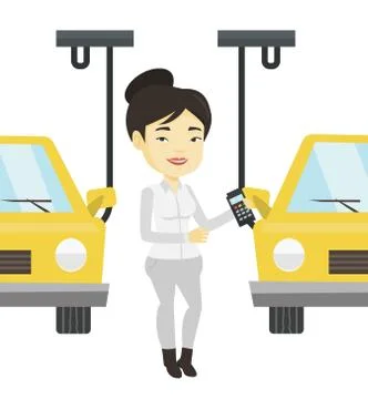 Worker controlling automated assembly line for car Stock Illustration