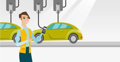 Worker controlling automated assembly line for car Stock Illustration