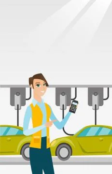 Worker controlling automated assembly line for car Stock Illustration
