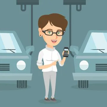 Worker controlling automated assembly line for car Stock Illustration