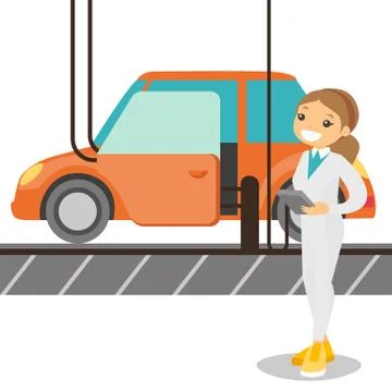 Worker controlling automated assembly line for car Stock Illustration