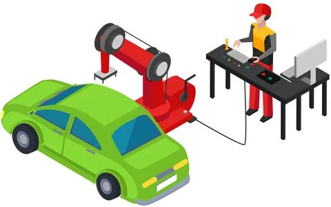 Worker controls process of automated automobile production. Robotic arm and Stock Illustration