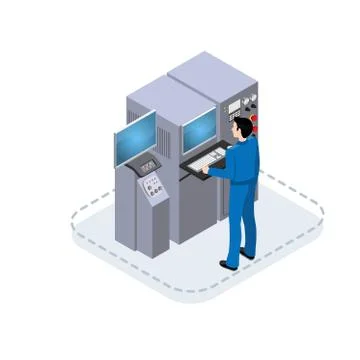 Worker controls processes in production, isometric illustration Stock Illustration