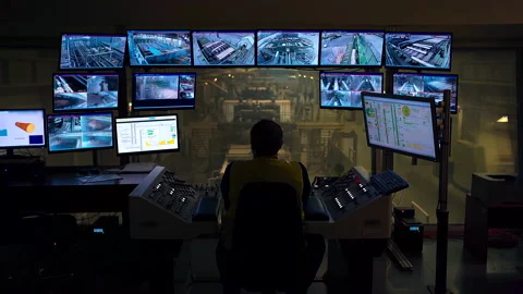 Worker Controls The Robot And The Conveyor Of The Woodworking Plant Stock Footage 142711246