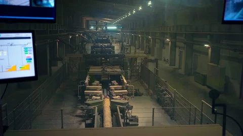 Worker Controls The Robot And The Conveyor Of The Woodworking Plant Stock Footage 142711711