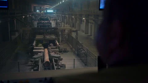 Worker Controls The Robot And The Conveyor Of The Woodworking Plant Stock Footage 142712478