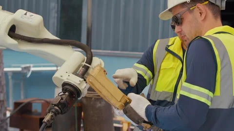Worker controls robotic arm with handheld device 库存影片 344920861