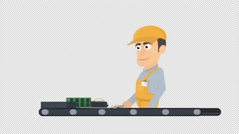 Worker on the conveyor. Animation of the assembly of electrical equipment Stock Footage 159080021