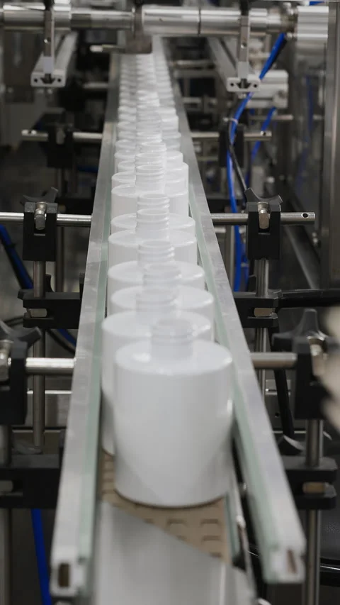 A worker in a cosmetics factory places empty plastic bottles on a conveyor. Stock Footage 306581894