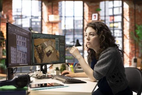 Worker in a creative office uses CAD software to design a house interior Stock Photos