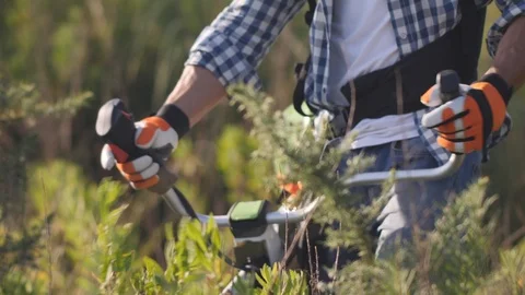 Worker Cut Grass With Lawn Mower. Stock Footage 93503696