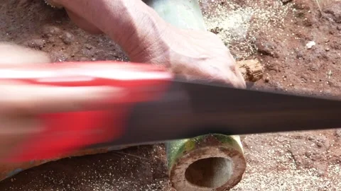 A worker cuts bamboo using a manual saw Stock Footage 310125393