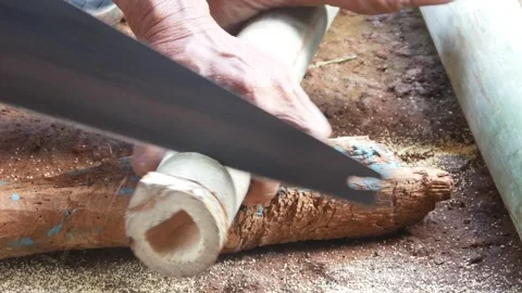 A worker cuts bamboo using a manual saw Stock Footage 310125837