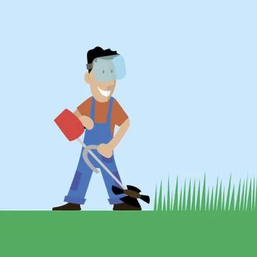 A worker cuts the grass in the garden Stock Illustration