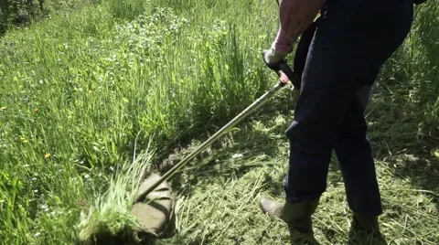 Worker cuts the grass with lawn string trimmer Stock Footage 63140582
