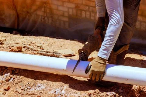 Worker cuts white pipe at construction site in warm weather Stock Photos