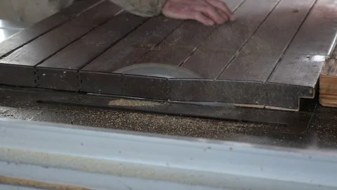Worker cuts a wooden panel with the circular saw Stock Footage 73901383