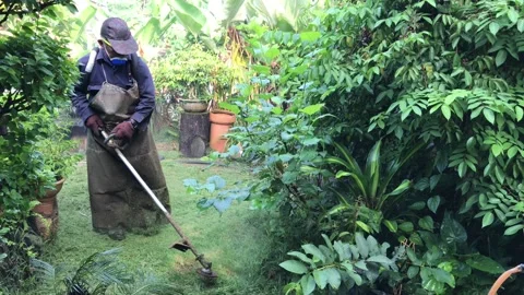 Worker cutting grass in garden with the weed trimmer Stock Footage 107467721