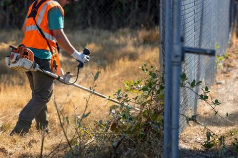 Worker cutting grass with string trimmer Stock Photos